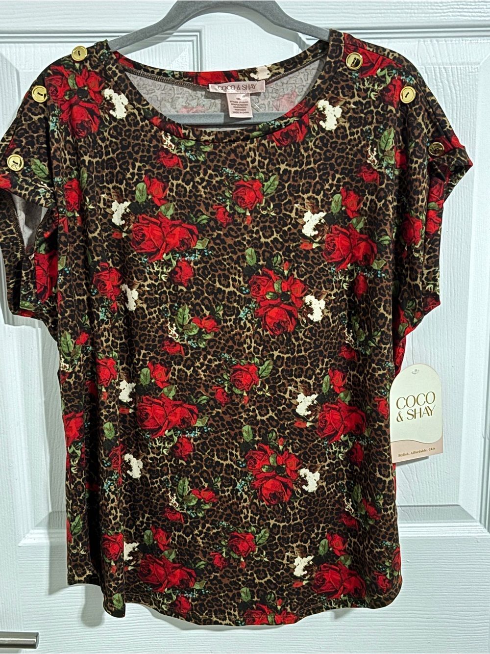 NWT Coco & Shay Leopard Floral Rose Top 1X Plus Gold Button Dressy Casual